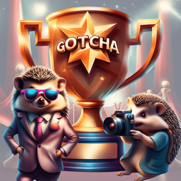 Trophy with "GOTCHA" written on it. Hedgehog in a suit and sunglasses stands to the left, with another hedgehog taking a photograph on the right.