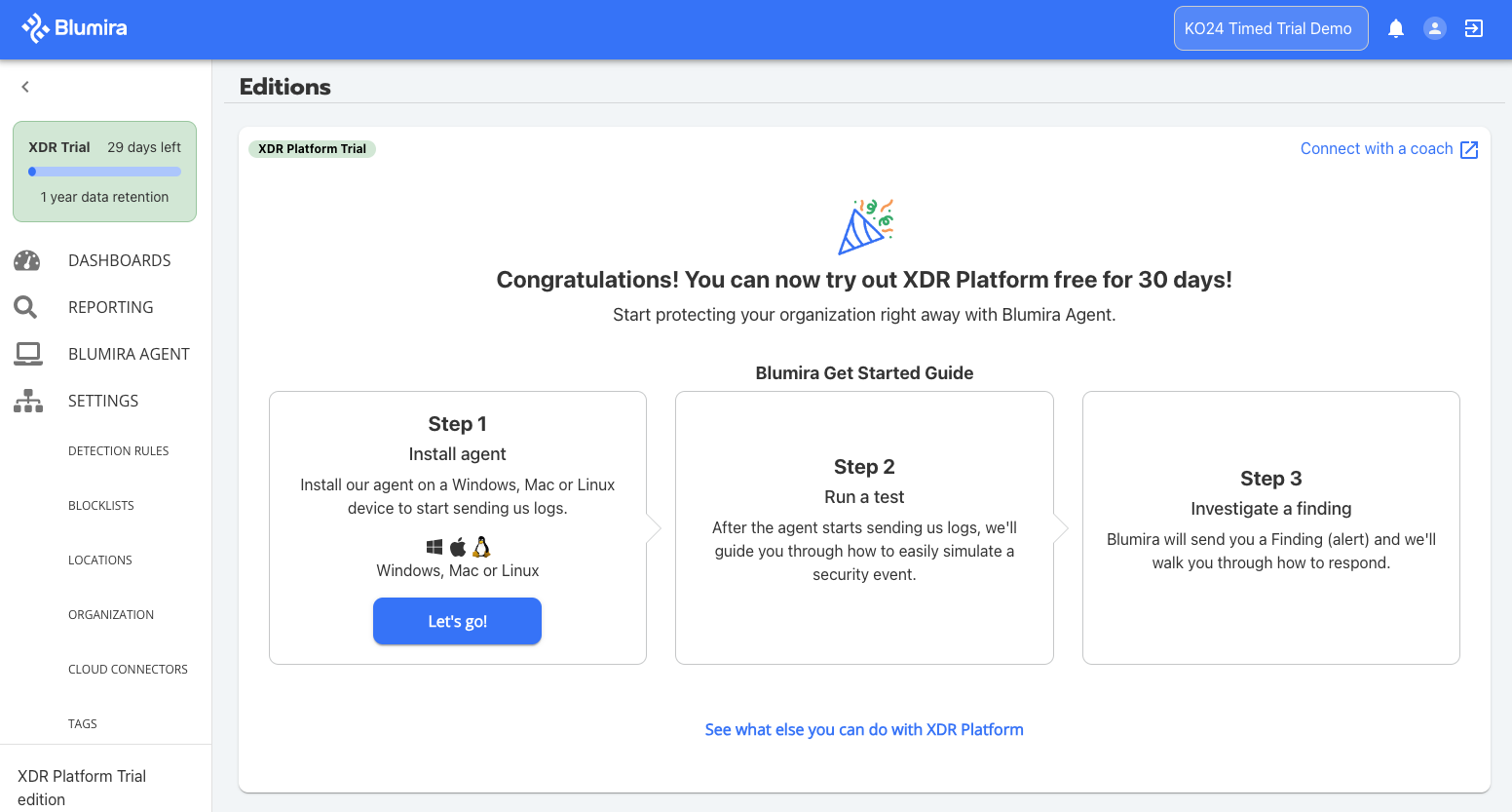 Follow along with Blumira’s guided XDR trial by completing the three-step Blumira Get Started Guide: