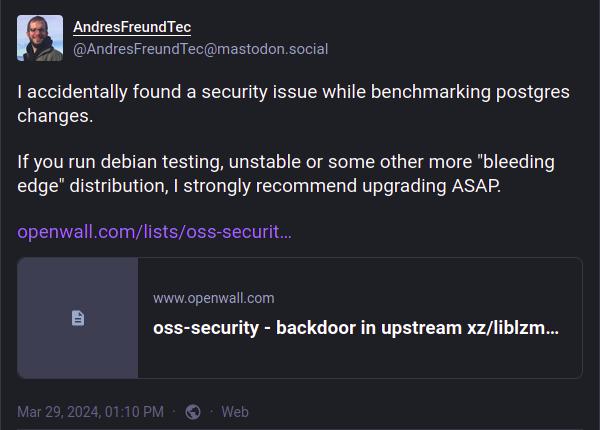 Mastodon post from Andres Freund