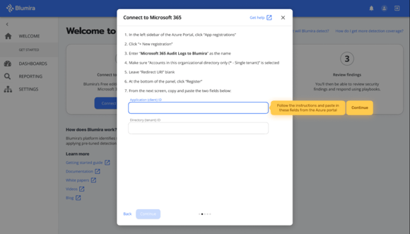 Screenshot of connecting Blumira to Microsoft 365