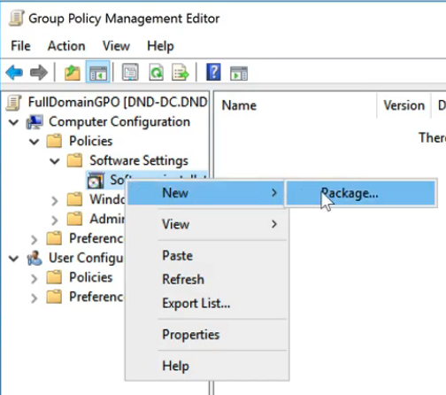 Right click on Software Installation and click New > Package