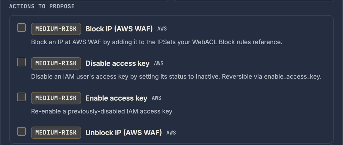 Hearth automation builder listing the response actions it can propose, each labelled with its risk level and the platform it runs on