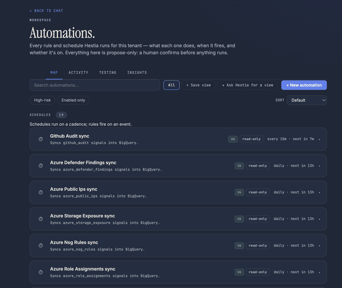 Hearth automations list showing every rule and schedule and whether it is on