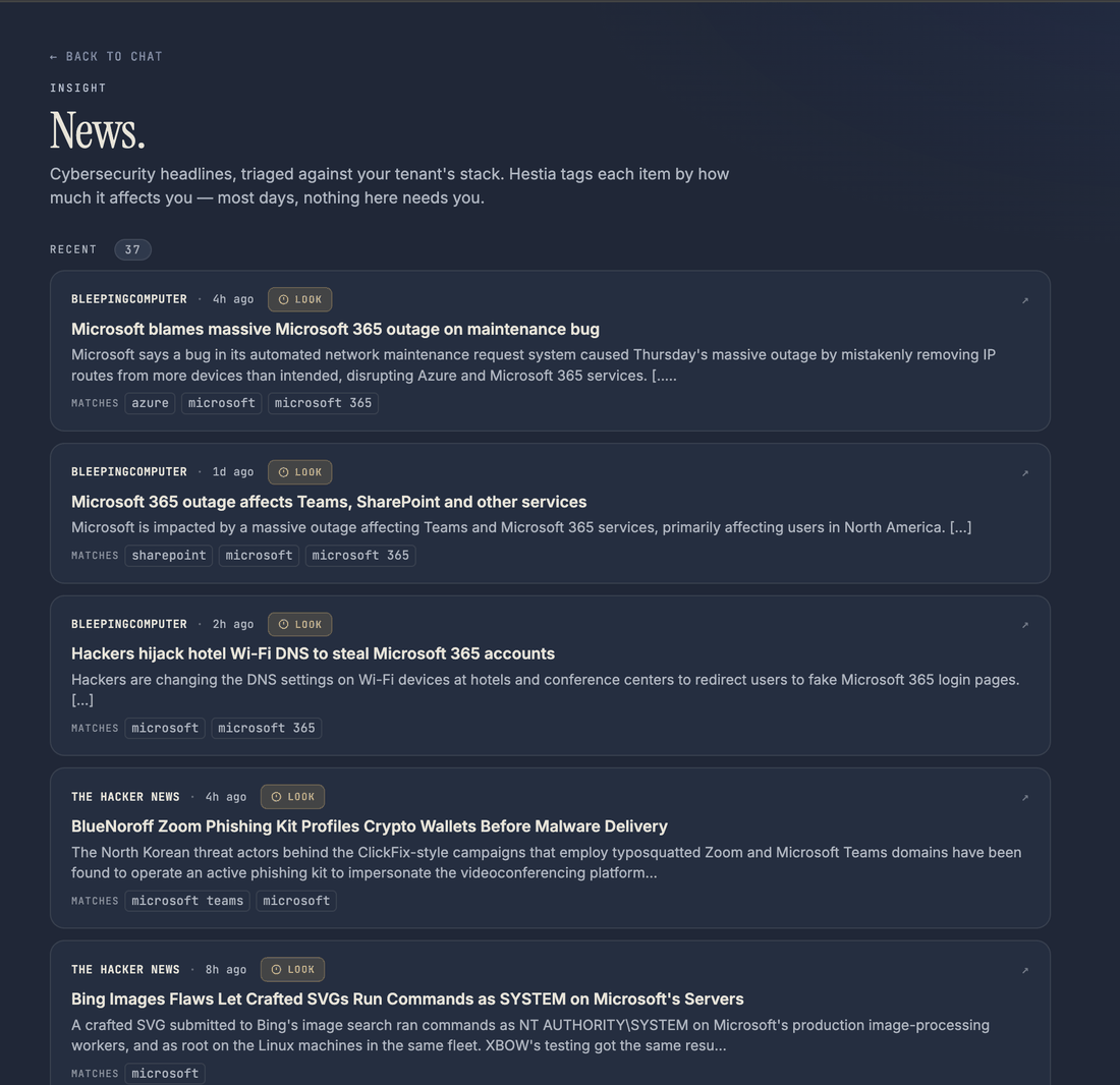 Hearth scoring cybersecurity headlines against the tenant stack