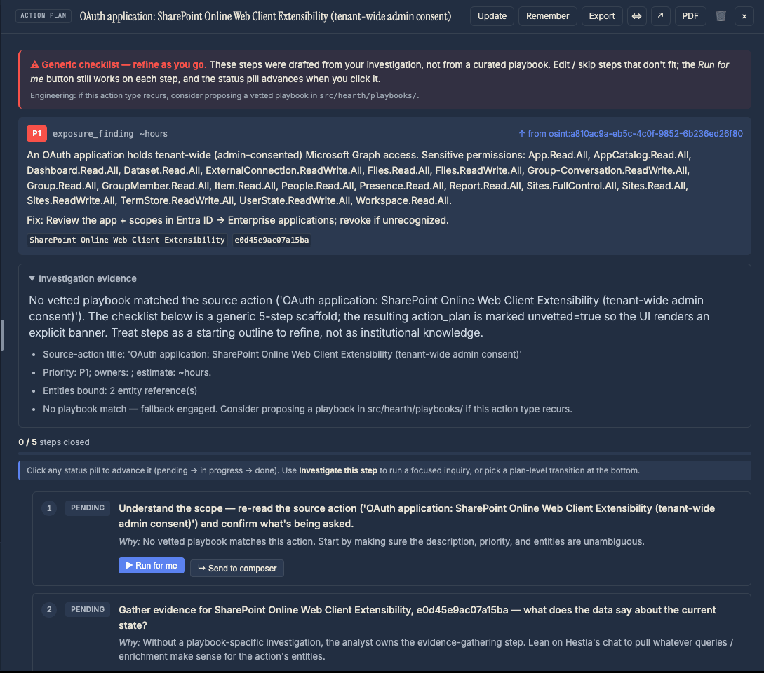 Hearth action plan for a tenant-wide OAuth consent finding, with its steps pending and a run-for-me control on each