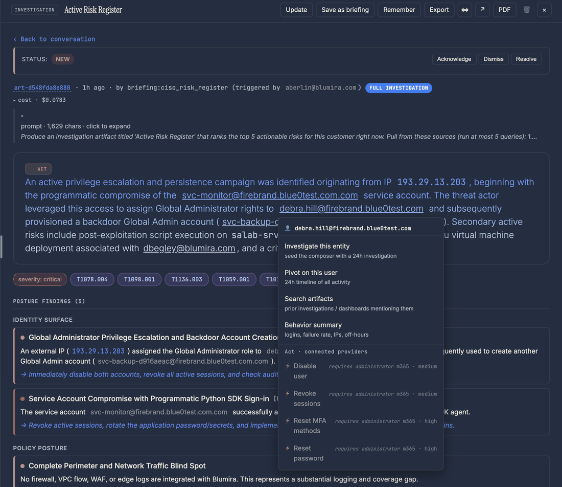A saved Hearth risk register with an entity menu open, offering to seed a 24-hour investigation from a finding