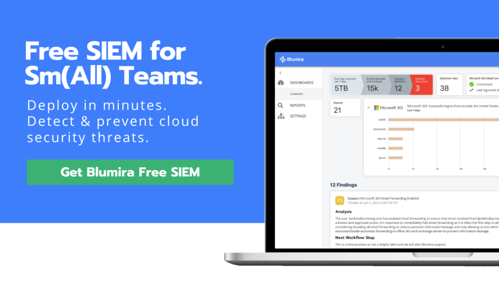 Blumira's Free SIEM for Sm(all) teams. Deploy it in minutes.