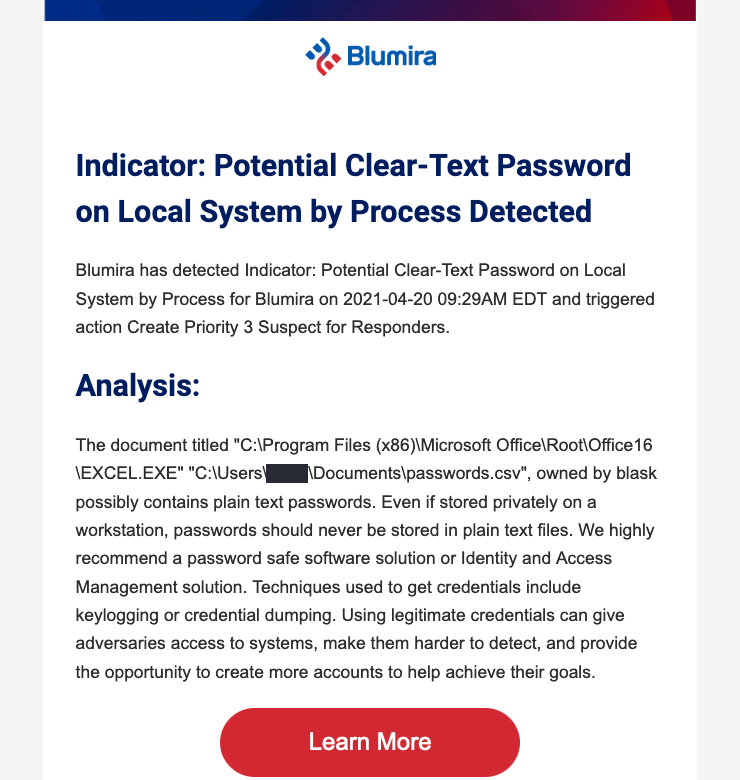 Blumira alert for password list