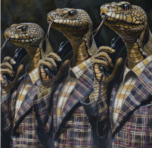 Three sales snakes in plaid suits on the phone