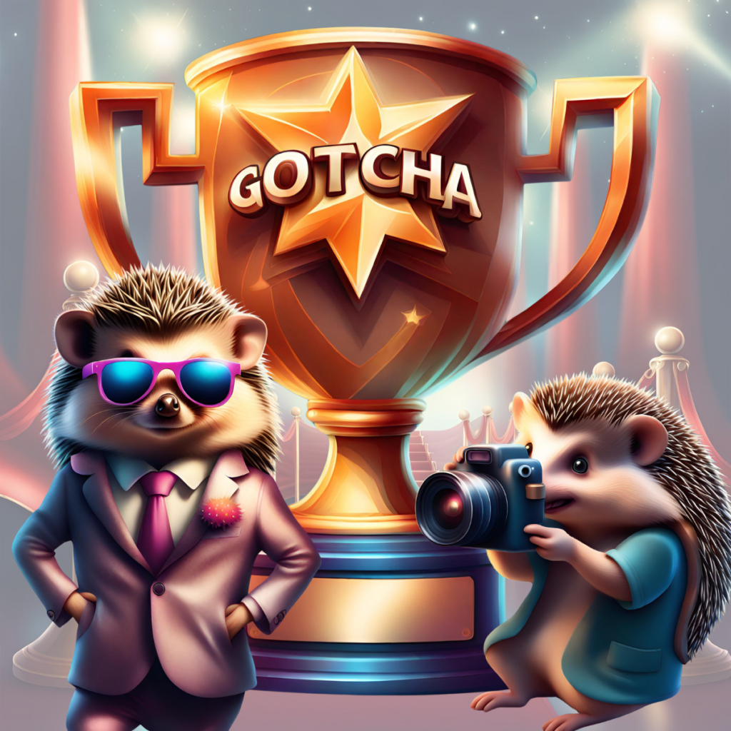 Trophy with "GOTCHA" written on it. Hedgehog in a suit and sunglasses stands to the left, with another hedgehog taking a photograph on the right.