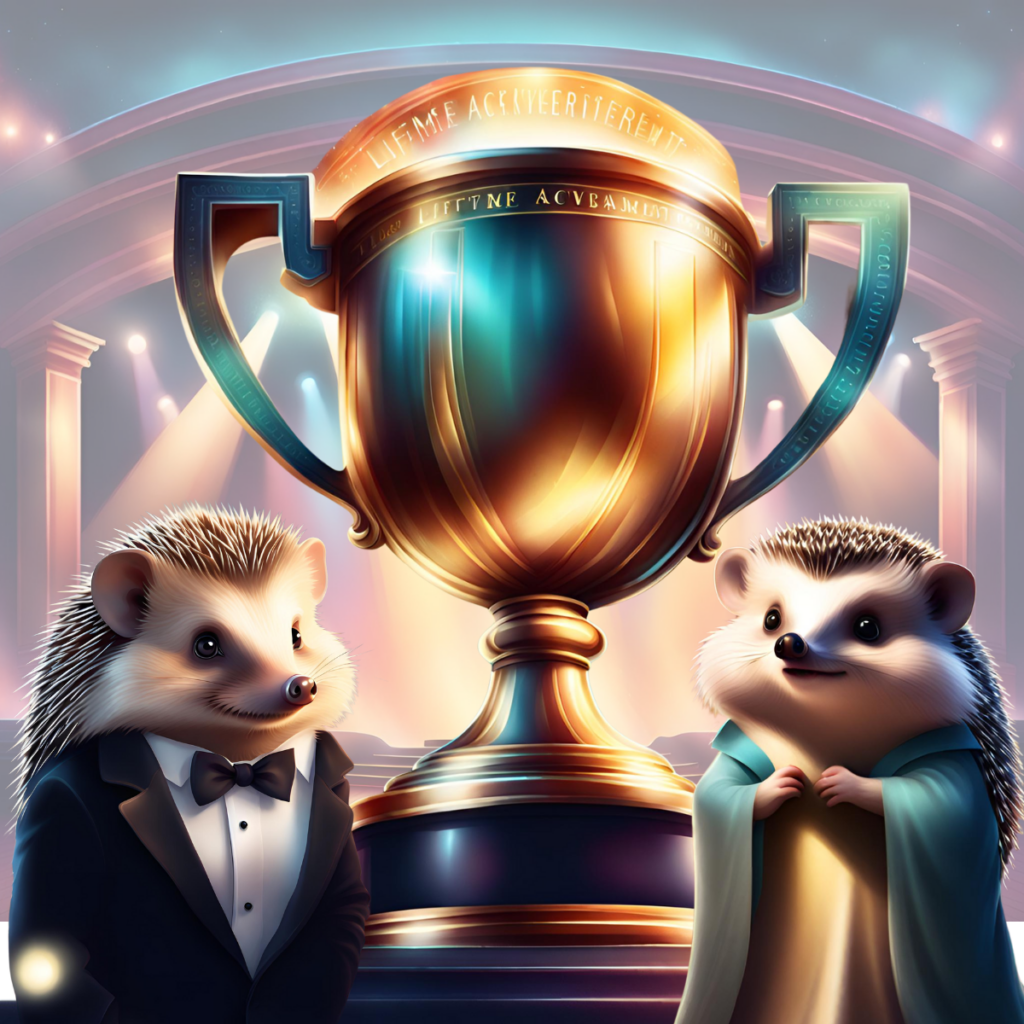 Trophy with "Lifetime Achievement" written on it. A hedgehog in a tuxedo stands to the left, and a hedgehog in a dress stands to the right.