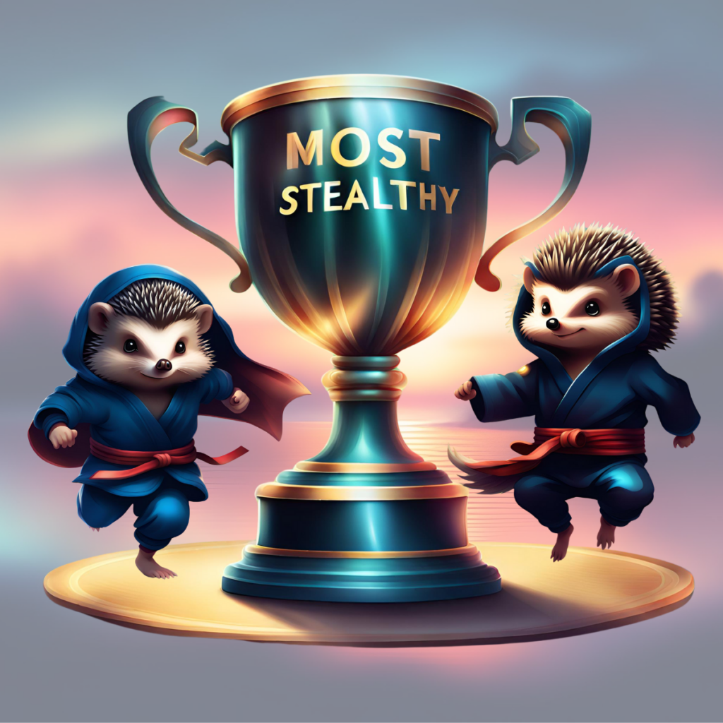 Trophy with "Most Stealthy" written on it, with two ninja hedgehogs on either side.