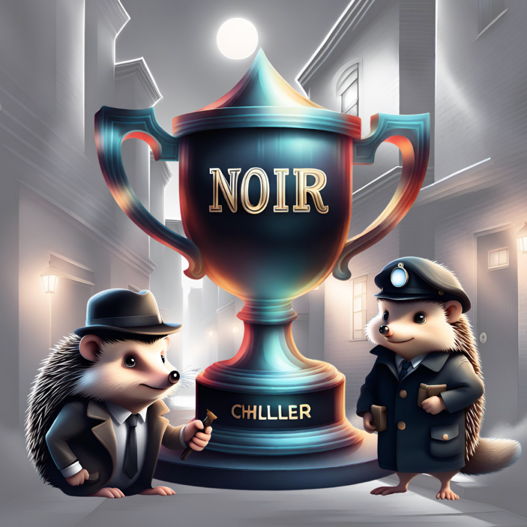 Trophy with "Noir Chiller" written on it, with a detective hedghog and a police hedgehog standing on either side.