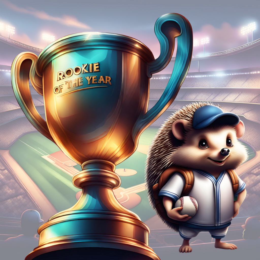 Trophy with "Rookie of the Year" written on it, with a hedgehog in a baseball uniform standing next to it.