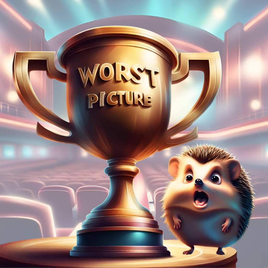Trophy with "Worst Picture" written on it, with a surprised hedgehog standing to the right.